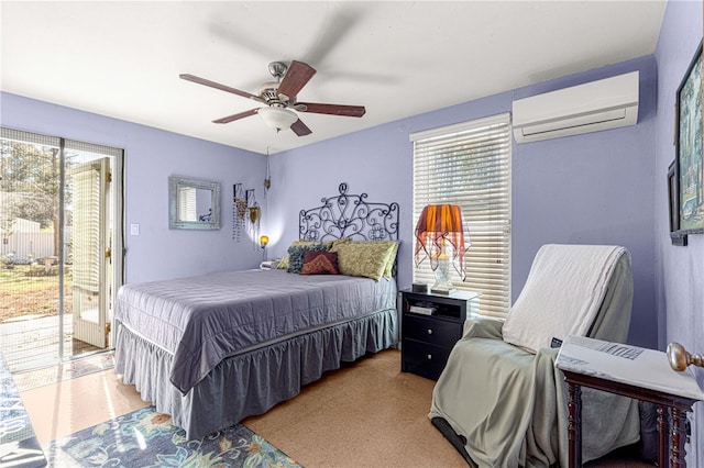 bedroom with access to outside, multiple windows, ceiling fan, and a wall mounted air conditioner