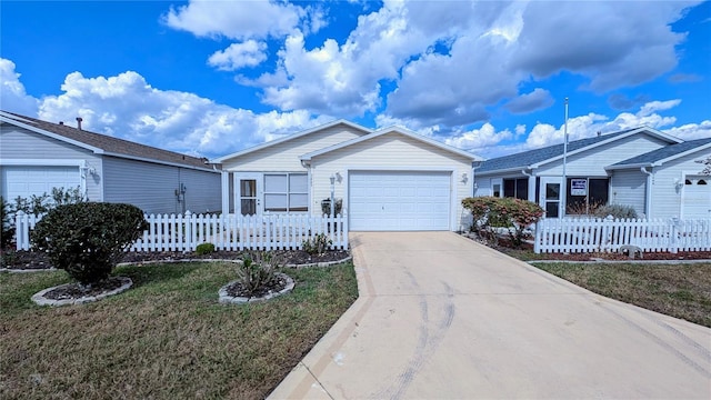 ranch-style home featuring a garage and a front lawn