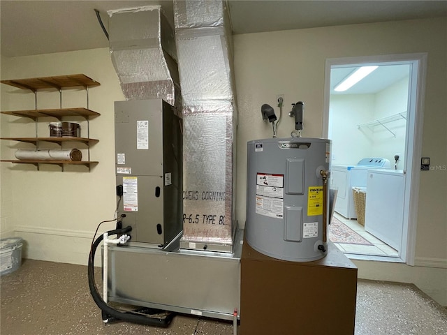 utility room with electric water heater and independent washer and dryer