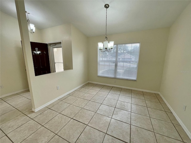 unfurnished dining area with light tile patterned flooring and a chandelier