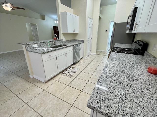 kitchen with white cabinets, electric range oven, stainless steel dishwasher, and sink