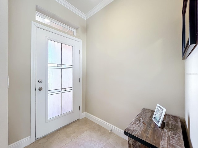 doorway to outside with light tile patterned flooring and ornamental molding