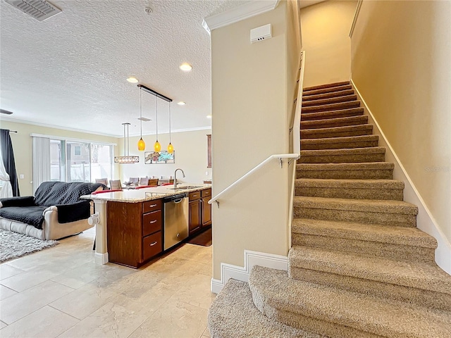 interior space featuring crown molding, sink, and a textured ceiling