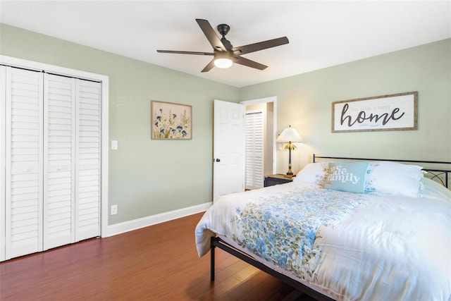 bedroom with ceiling fan, dark hardwood / wood-style floors, and a closet