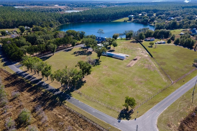 aerial view featuring a water view and a rural view