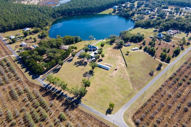 birds eye view of property featuring a rural view and a water view