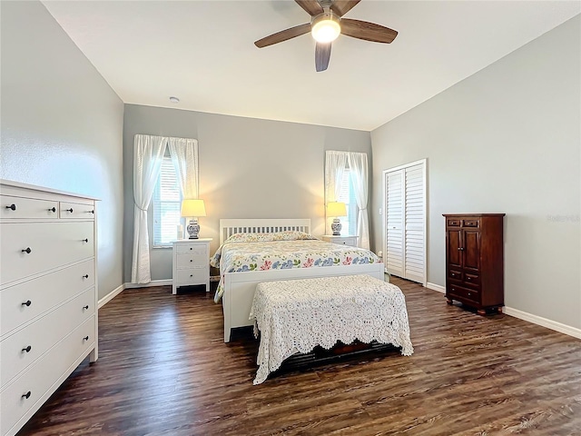 bedroom featuring dark hardwood / wood-style flooring and ceiling fan