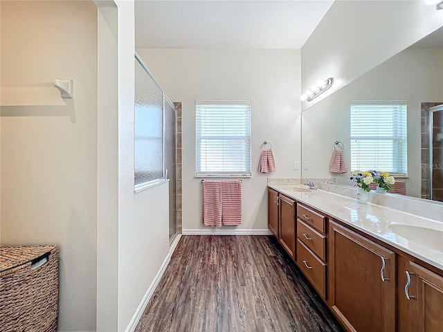 bathroom featuring wood-type flooring, a shower with door, and plenty of natural light