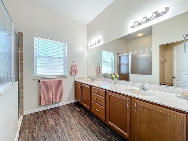 bathroom with hardwood / wood-style floors, vanity, and a shower with door