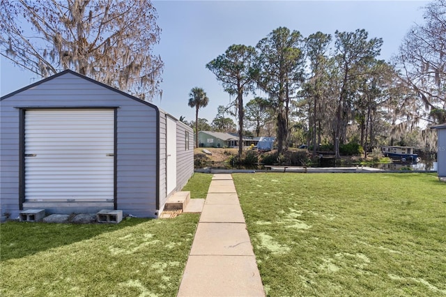 exterior space with a shed