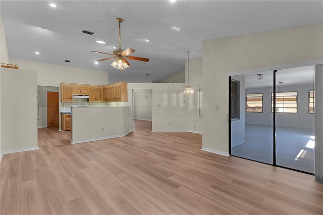 kitchen featuring tasteful backsplash, light brown cabinetry, ceiling fan, and light hardwood / wood-style flooring