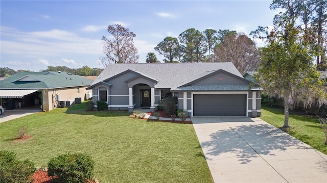 ranch-style house featuring a garage, a front lawn, and a carport