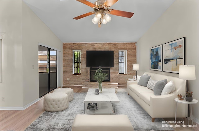 living room featuring lofted ceiling, hardwood / wood-style flooring, a fireplace, and brick wall