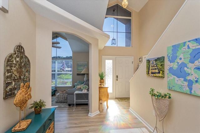 entrance foyer featuring hardwood / wood-style flooring and lofted ceiling