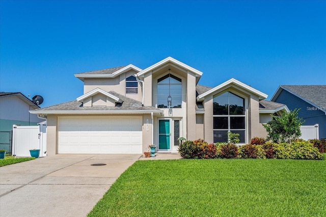 view of property with a garage and a front yard