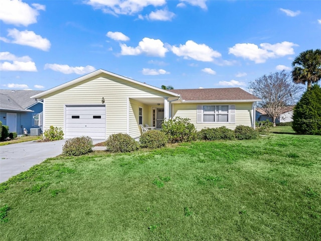 ranch-style home featuring central AC, a front lawn, and a garage