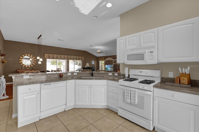 kitchen featuring white cabinets, kitchen peninsula, white appliances, and sink