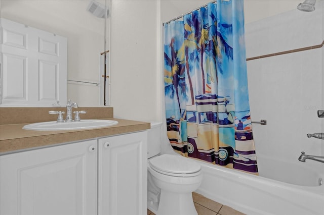 full bathroom with tile patterned floors, vanity, shower / bath combination with curtain, and toilet