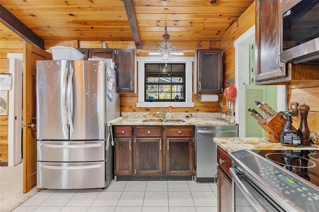 kitchen with wood walls, wooden ceiling, sink, hanging light fixtures, and stainless steel appliances