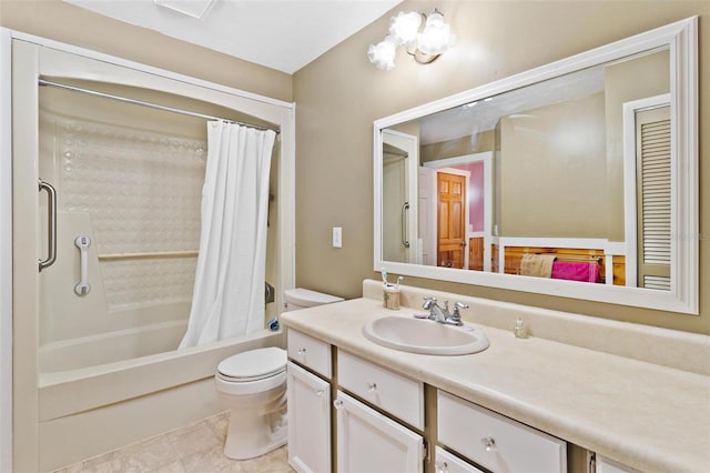 full bathroom with shower / tub combo, vanity, toilet, and tile patterned floors