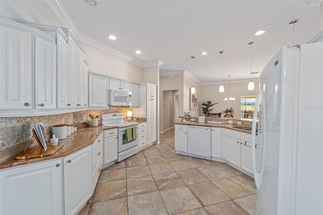 kitchen with tasteful backsplash, white appliances, white cabinetry, and decorative light fixtures