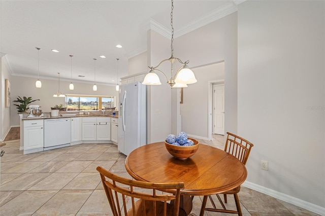 dining space featuring recessed lighting, baseboards, ornamental molding, and light tile patterned flooring