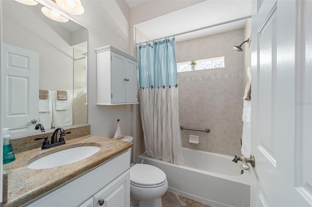 full bath with toilet, shower / bath combination with curtain, and vanity