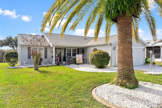 single story home featuring a front lawn and a garage