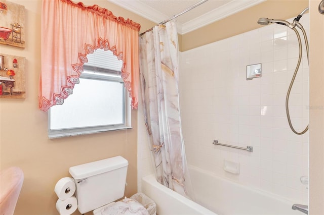 bathroom with shower / bath combo with shower curtain, toilet, ornamental molding, and a wealth of natural light