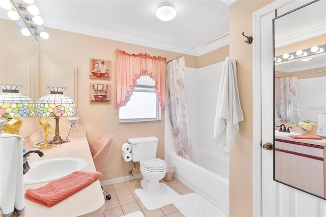 full bathroom with shower / bath combo, tile patterned flooring, crown molding, a textured ceiling, and toilet