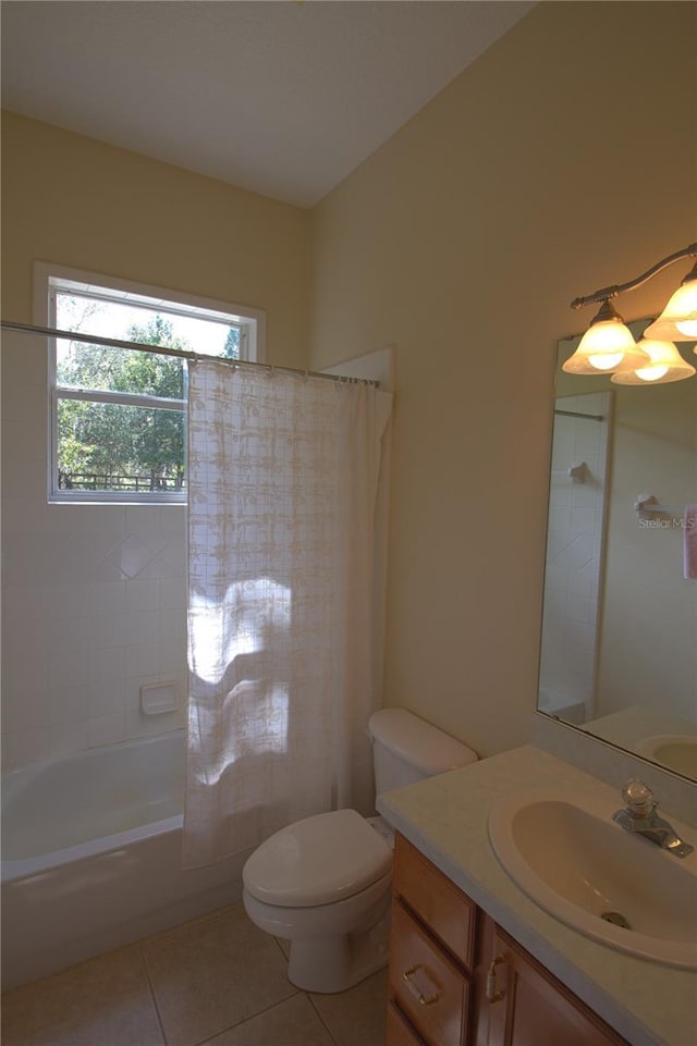 full bathroom with toilet, shower / bath combination with curtain, vanity, and tile patterned floors