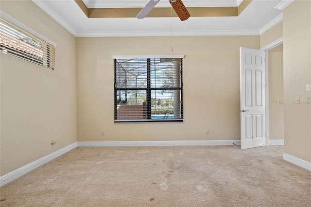 spare room with crown molding, a tray ceiling, and light carpet