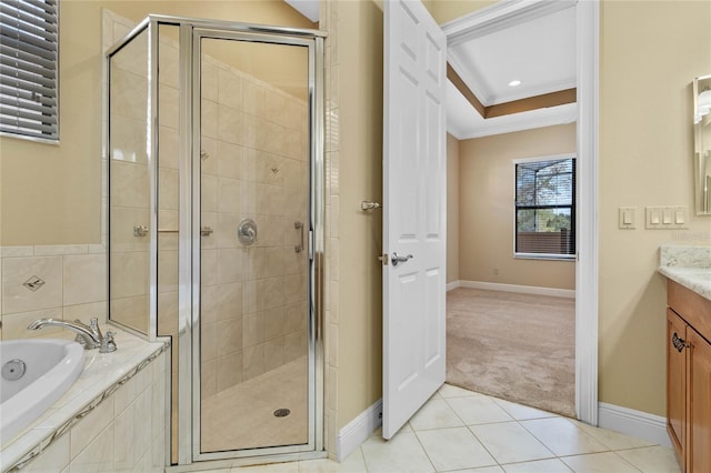 bathroom featuring crown molding, vanity, tile patterned floors, and plus walk in shower