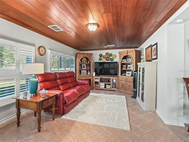 living room with light tile patterned floors, wood ceiling, and ornamental molding