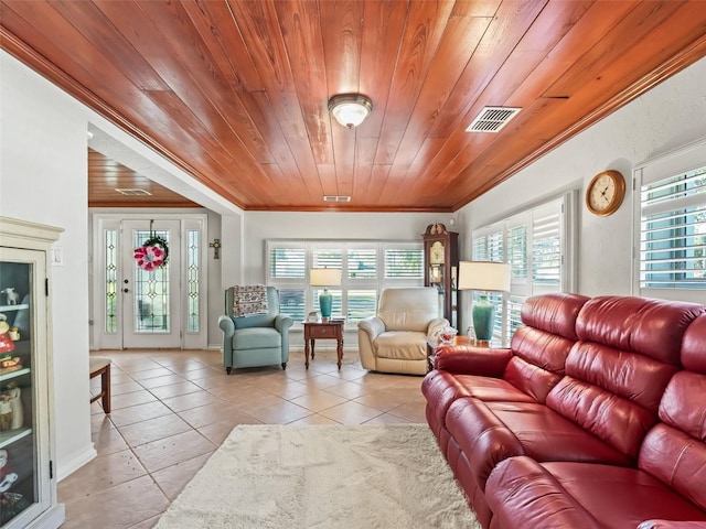 tiled living room featuring a wealth of natural light, wooden ceiling, and ornamental molding