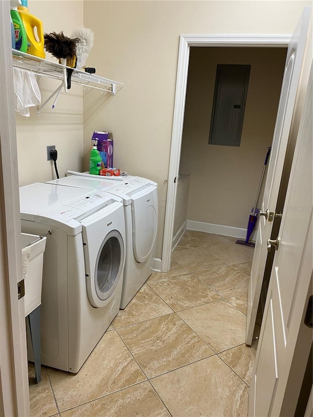 washroom with washing machine and dryer and electric panel