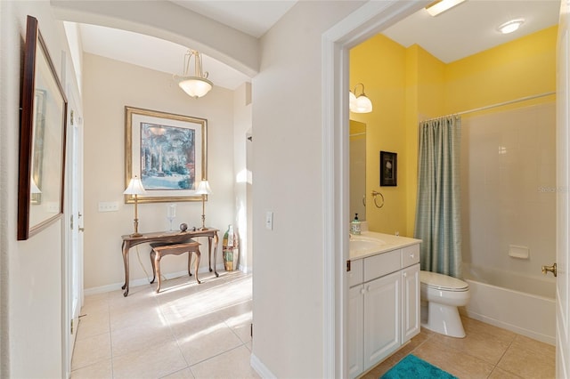 full bathroom with tile patterned floors, vanity, toilet, and shower / bathtub combination with curtain