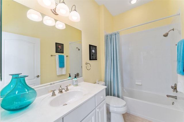 full bathroom featuring toilet, shower / tub combo, vanity, and tile patterned floors