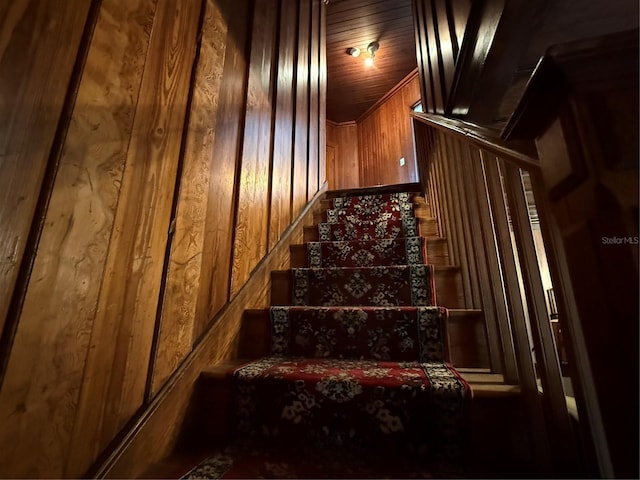 staircase featuring wooden ceiling and wooden walls