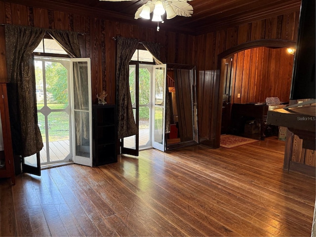 entryway featuring wood walls, plenty of natural light, and ceiling fan