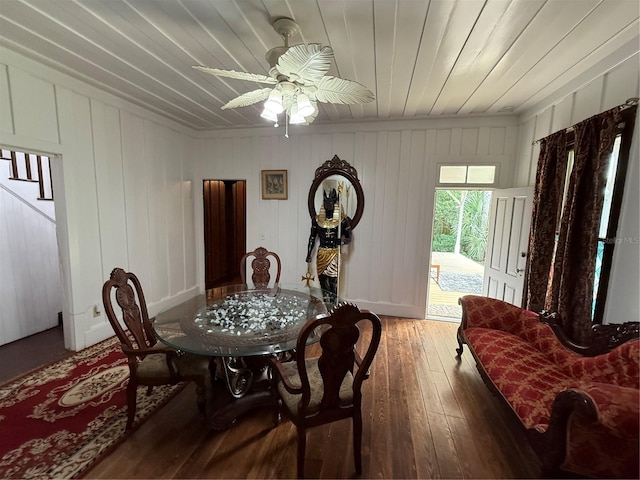 dining space featuring ceiling fan, wood-type flooring, and wooden ceiling