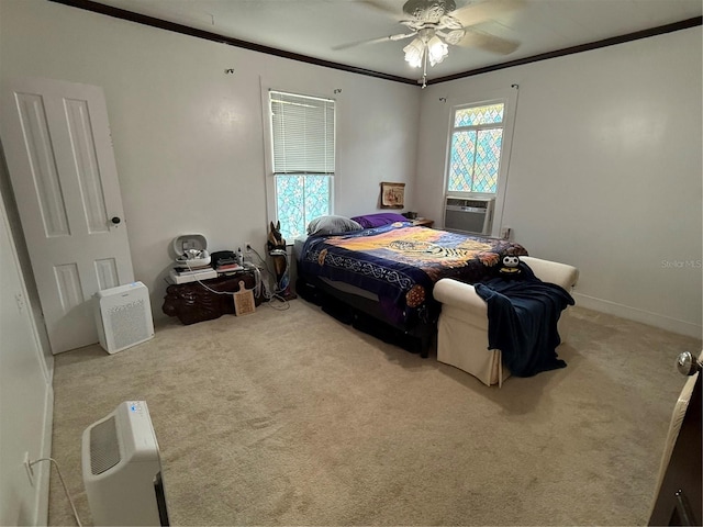 carpeted bedroom with ceiling fan, cooling unit, and ornamental molding