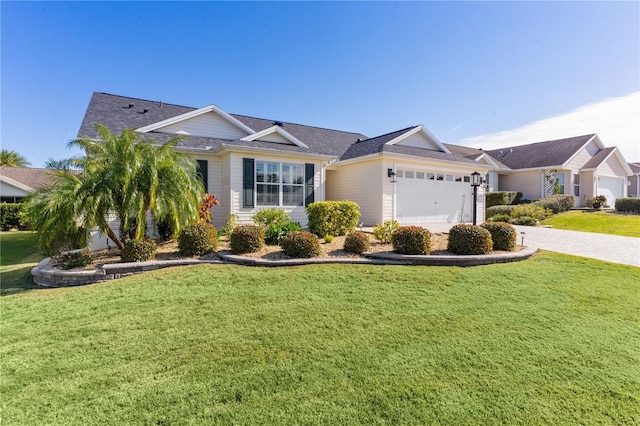 ranch-style house with a garage and a front yard