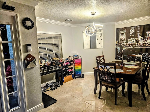 dining area with tile patterned floors, crown molding, and a textured ceiling