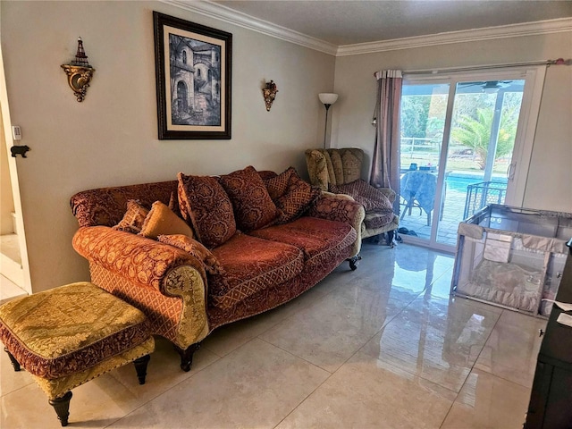 living room featuring crown molding