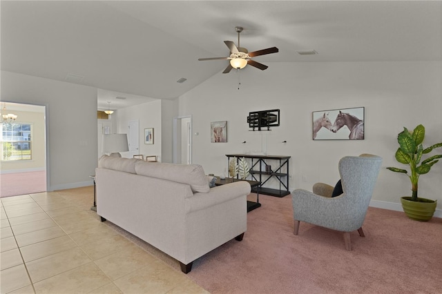 tiled living room featuring ceiling fan with notable chandelier and lofted ceiling