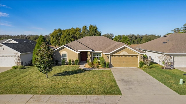 ranch-style home featuring a garage and a front yard