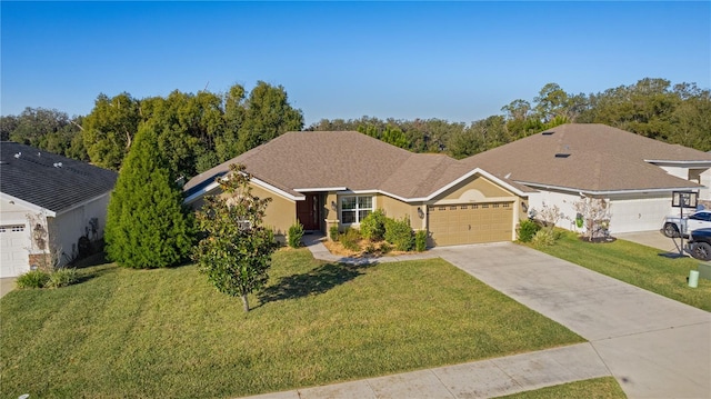 ranch-style house with a garage and a front yard