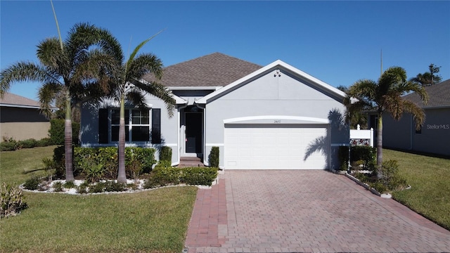 single story home with a front lawn and a garage