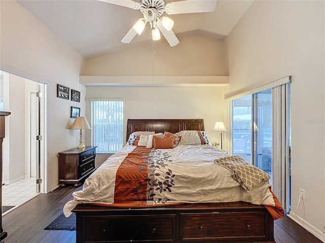 bedroom featuring access to outside, lofted ceiling, ceiling fan, and dark hardwood / wood-style floors